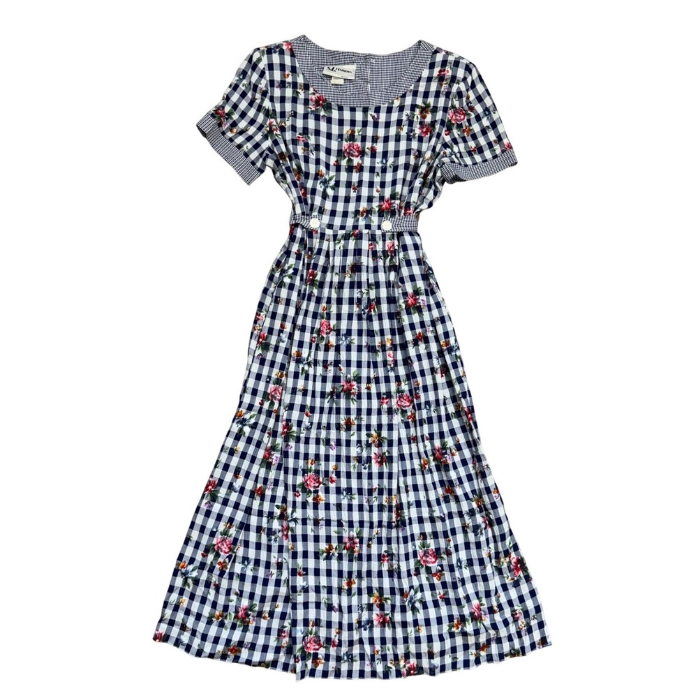 Vintage Gingham Floral Prairie Midi Dress waist tie Navy White 14 cottage picnic